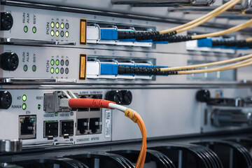 Datacenter Network Devices Switch With Connected Optical Patch Cord Cable 