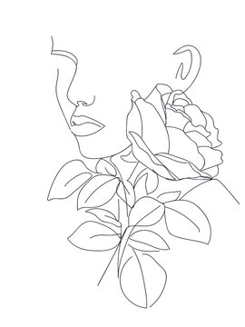 Minimalist face man and rose flower. One Line Abstract Portrait. Art Print. - Vector illustration