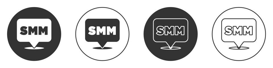 Black SMM icon isolated on white background. Social media marketing, analysis, advertising strategy development. Circle button. Vector.