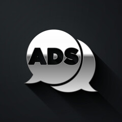 Silver Advertising icon isolated on black background. Concept of marketing and promotion process. Responsive ads. Social media advertising. Long shadow style. Vector.