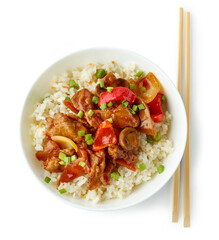 fried rice and vegetables with hot chicken sauce