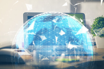 Multi exposure of business theme icons and work space with computer background. Concept of success.