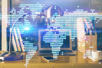 Obraz premium Multi exposure of business theme icons and work space with computer background. Concept of success.