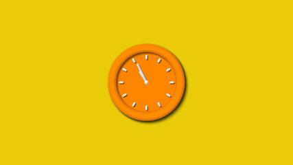 Amazing 12 hours orange color 3d wall clock isolated on yellow background,3d wall clock
