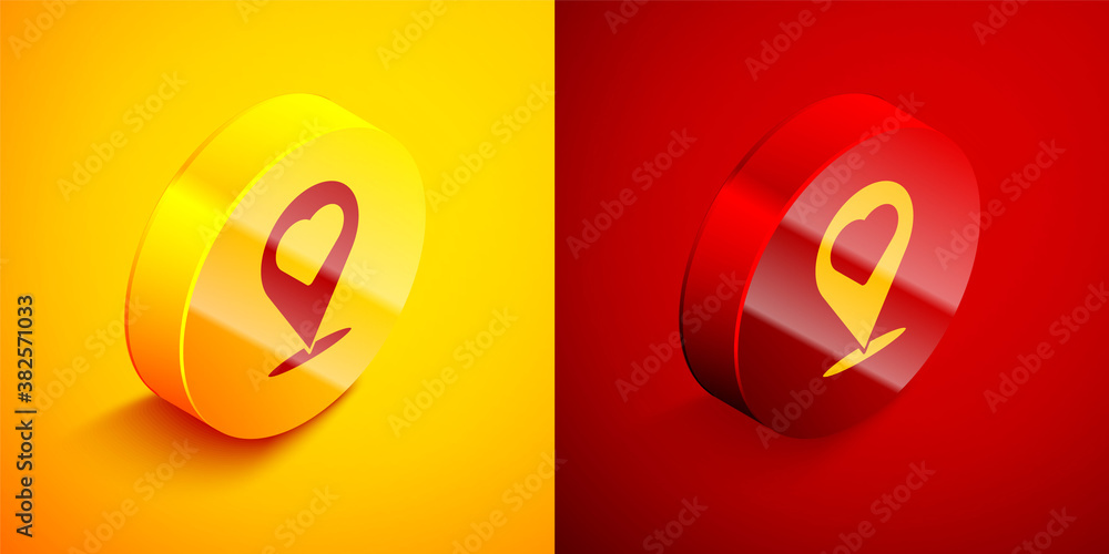Poster isometric map pointer with heart icon isolated on orange and red background. valentines day. love lo