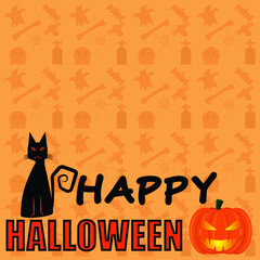 happy halloween with black cat and pumkink on  Seamless pattern ghosts, bats,spider,bone, Gravestone,web isolated  orange background flat vector design,vector illustration