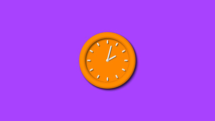 New orange color 3d wall clock isolated on purple background,3d wall clock,12 hours wall clock