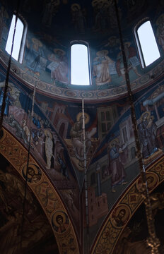 Dome windows shines interior full of fresco of Jovan Vladimir church/first Serbian Saint.