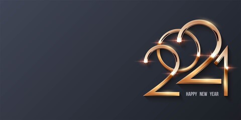 Happy new year 2021 background. Gold shining in light with sparkles abstract celebration. Greeting festive card vector illustration. Merry holiday modern poster or wallpaper design on grey background