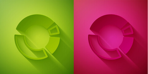 Paper cut Pie chart infographic icon isolated on green and pink background. Diagram chart sign. Paper art style. Vector.