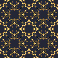 Swirl pattern. Seamless gold and navy blue ornament. 3D effect