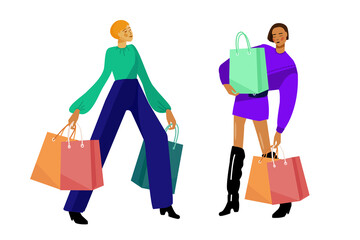 Urban shopping girls set. Fashion girls with shopping bags. Two persons.