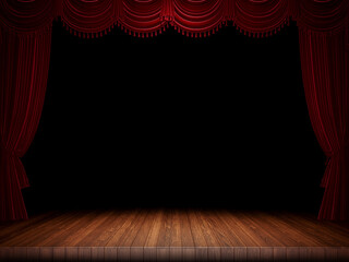 3d rendering of open velvet curtains and wooden stage floor