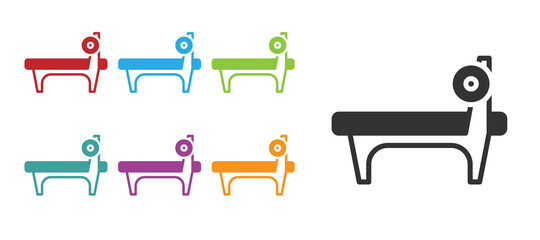 Black Bench with barbel icon isolated on white background. Gym equipment. Bodybuilding, powerlifting, fitness concept. Set icons colorful. Vector.