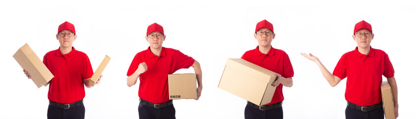 Delivery Concept - Set of Portrait of delivery man in red cloth holding a box package