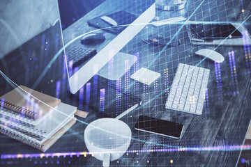 Multi exposure of forex graph and work space with computer. Concept of international online trading.