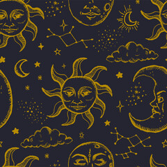 Mystic beautiful hand drawn seamless pattern with sun, moon, stars, sky and galaxy vector