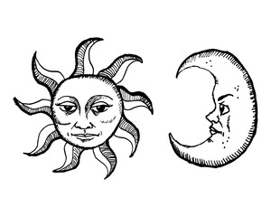 Hand drawn mystic retro sun and moon vector illustration
