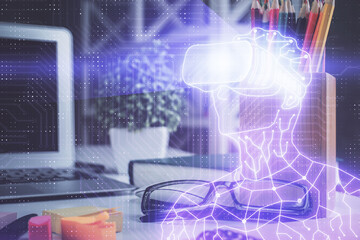 AR drawing with glasses on the table background. Concept of augmented reality. Double exposure.