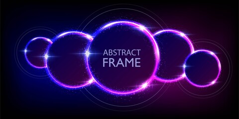 Glowing neon purple and blue circles abstract background. Round lines with electric light frames. Geometric fashion design vector illustration. Empty minimal rings decoration