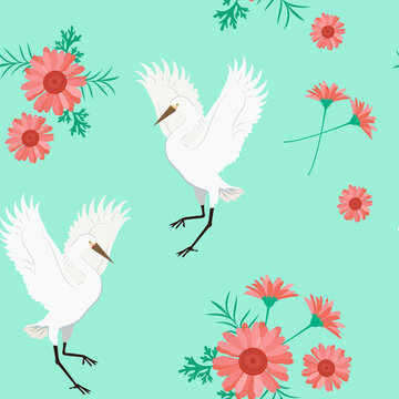 Seamless pattern with birds cranes and gerberas