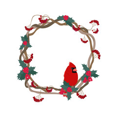 Naklejka premium Christmas vector illustration with a wreath of mountain ash, holly berries and a cardinal bird