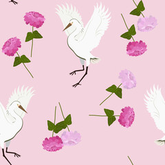 Seamless vector illustration with birds cranes and chrysanthemum.