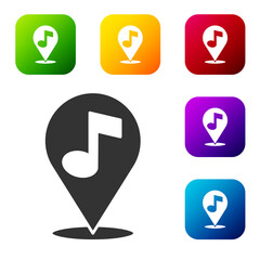 Black Location musical note icon isolated on white background. Music and sound concept. Set icons in color square buttons. Vector.