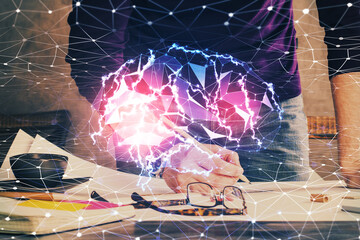 Haman brain multi exposure icon with man hands background.