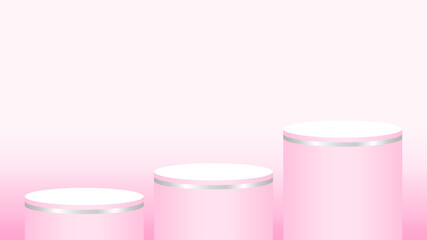 pink pedestal cylinder circle 3 steps for cosmetics showcase, podium circle stage pink pastel soft color, platform three steps for advertising copy space, podium round for make-up product display