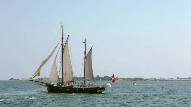 Danish sailing ship sailing towards the port of Faaborg for the traditional sailing show