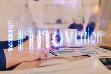 Human hands with tech theme multi exposure drawings.