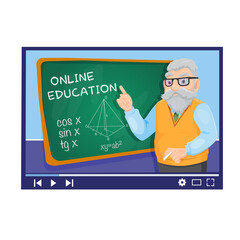 Vector online education illustration of teacher with school board and Speaking On Internet online Video.