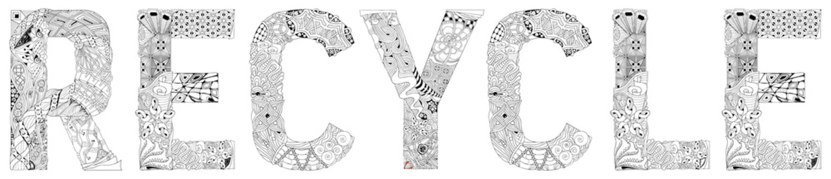 Word RECYCLE. Vector decorative zentangle object for coloring