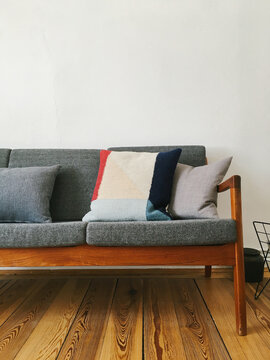 Living Room Detail - Stylish Danish Mid-Century Teak Sofa With Patterned Cushion