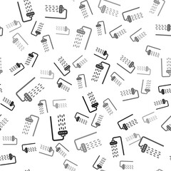 Black Shower head with water drops flowing icon isolated seamless pattern on white background. Vector.