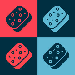 Pop art Sponge with bubbles icon isolated on color background. Wisp of bast for washing dishes. Cleaning service logo. Vector.