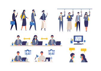 A day of working businessmen in the new normal lifestyles. Flat design vector illustration of masked business people.
