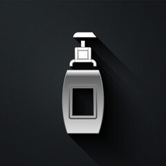 Silver Bottle of liquid antibacterial soap with dispenser icon isolated on black background. Antiseptic. Disinfection, hygiene, skin care. Long shadow style. Vector.
