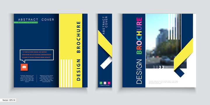 Business cover design. Abstract brochure template. City. Title page set. Colorful page, blue, square, catalog, booklet, layout. Design of geometric lines. Logo icon. Annual report, title. Ad text font