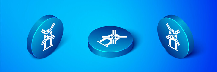 Isometric Wind turbine icon isolated on blue background. Wind generator sign. Windmill for electric power production. Blue circle button. Vector.