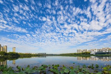 Naklejka premium Blue sky and white clouds in the background of waterfront city skyline scenery, LUANNAN COUNTY, Hebei Province, China.