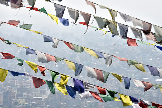 Prayer Flags in fog above Kathmandu