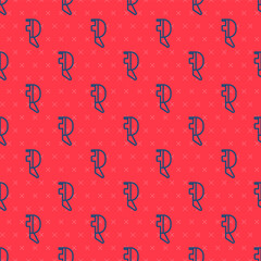 Blue line Fencing helmet mask icon isolated seamless pattern on red background. Traditional sport defense. Vector Illustration.