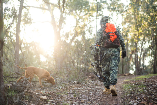 Bow hunter and his dog