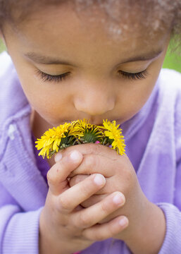 Portrait of a lovely young girl in a lavender coat lovingly holding a bundle of yellow dandelion flowers