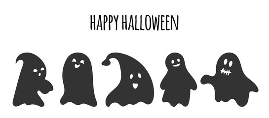 Glyph silhouette ghost set. Happy Halloween character with scary or surprised face shape. Creepy funny cute spook. Great for design postcards on holiday. October horror. Isolated vector illustration