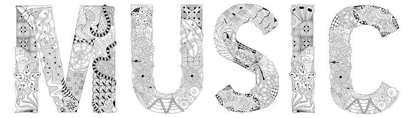 Word music. Vector decorative zentangle object for coloring