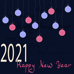 vector new year background. happy new year. Merry Christmas. blue Board with inscriptions and hanging balls.
