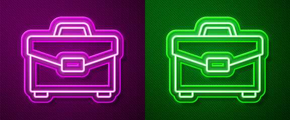 Glowing neon line Briefcase icon isolated on purple and green background. Business case sign. Business portfolio. Vector Illustration.